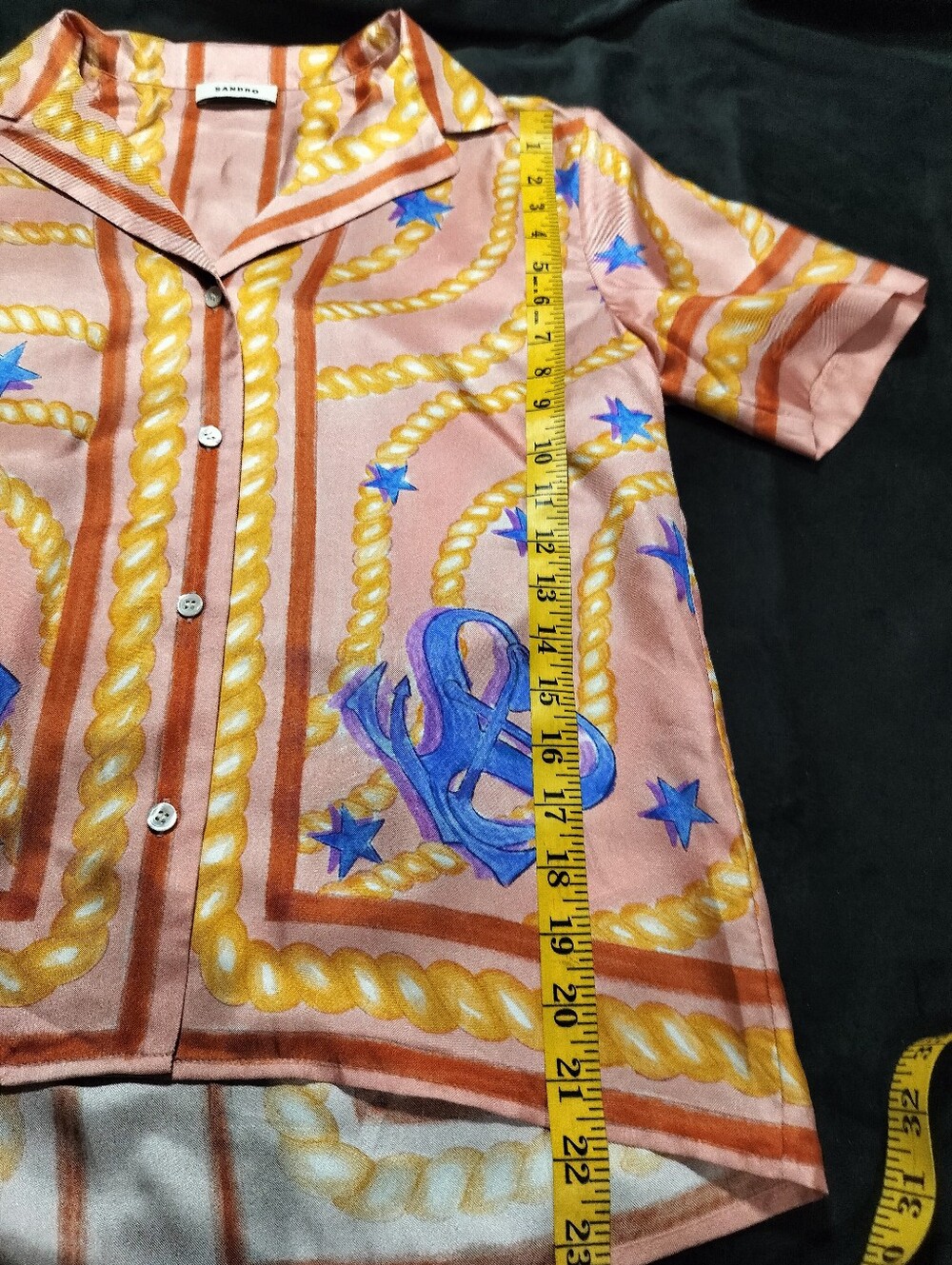 EUC Sandro 100% Silk Pink Blue Short-Sleeve Rope & Star Button Up Shirt Small XS - Picture 6 of 8